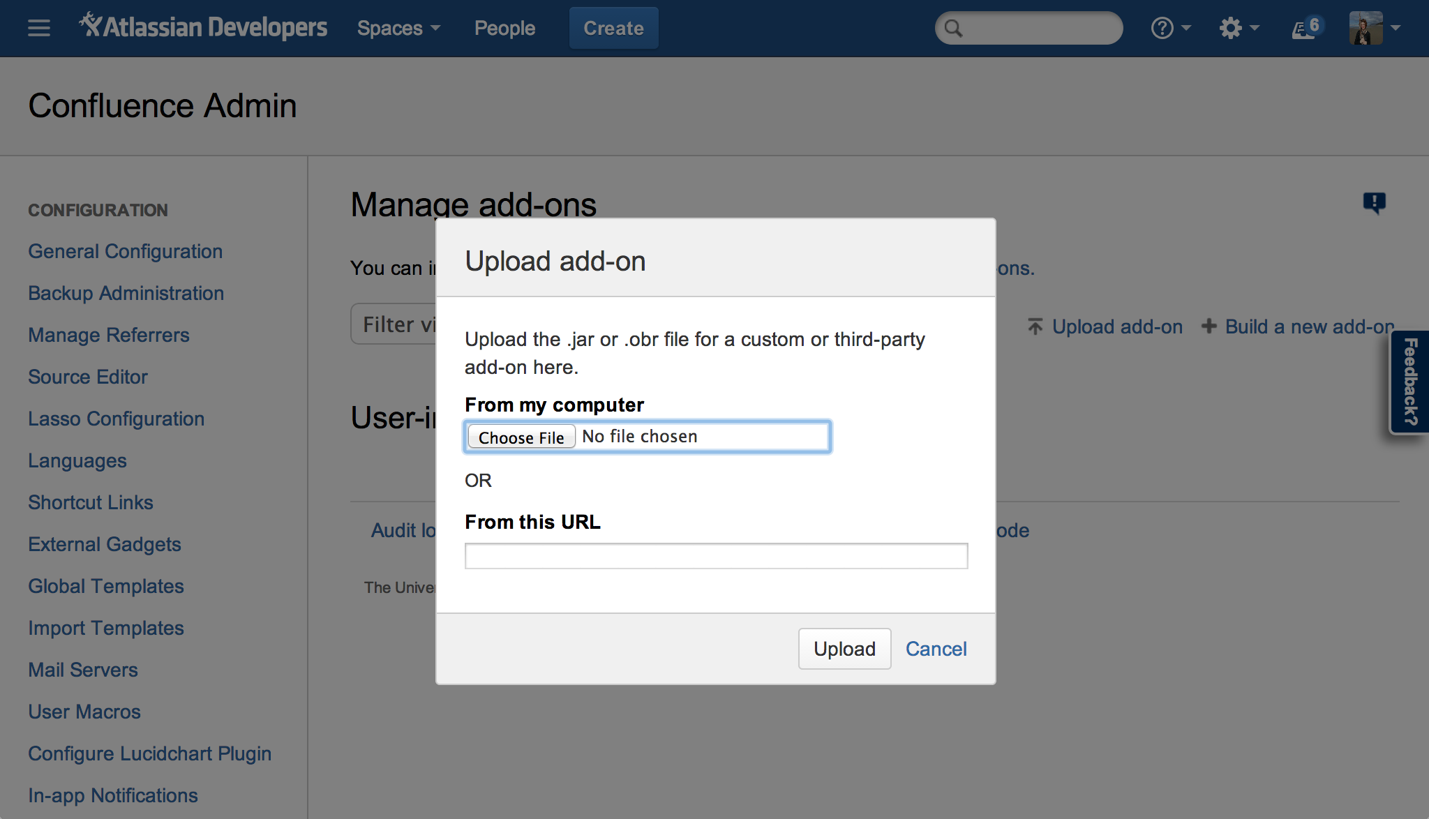 Upload add-on dialog when uploading a obr or jar file of an app