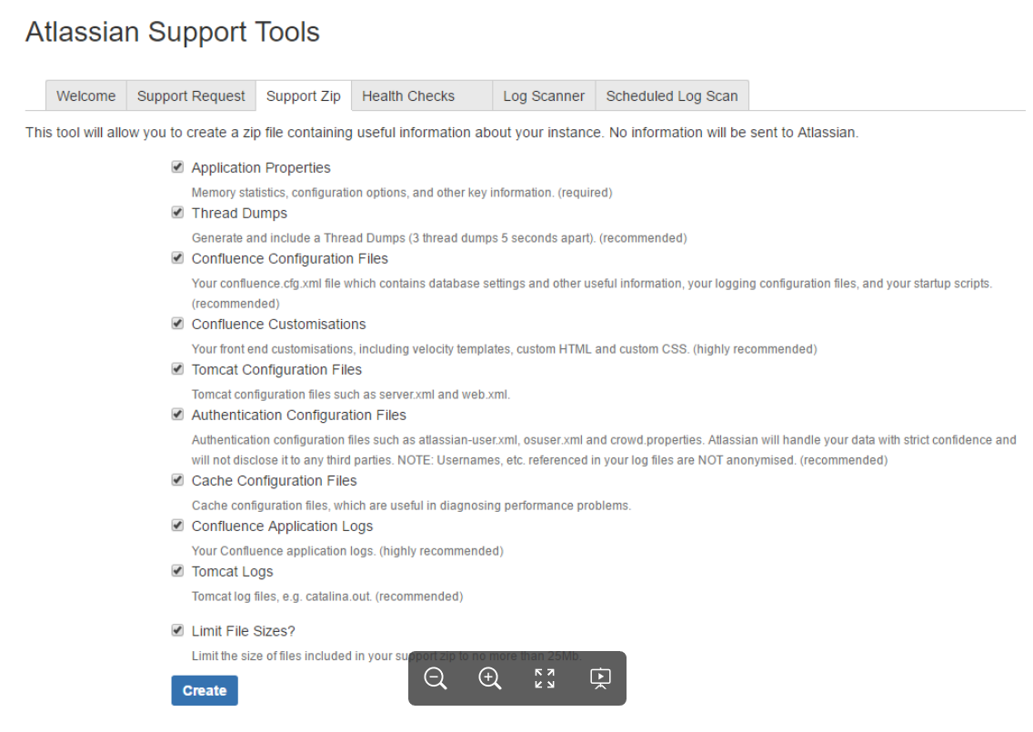 screenshot of the list of checkboxes where you can decide which information should be part of a support zip